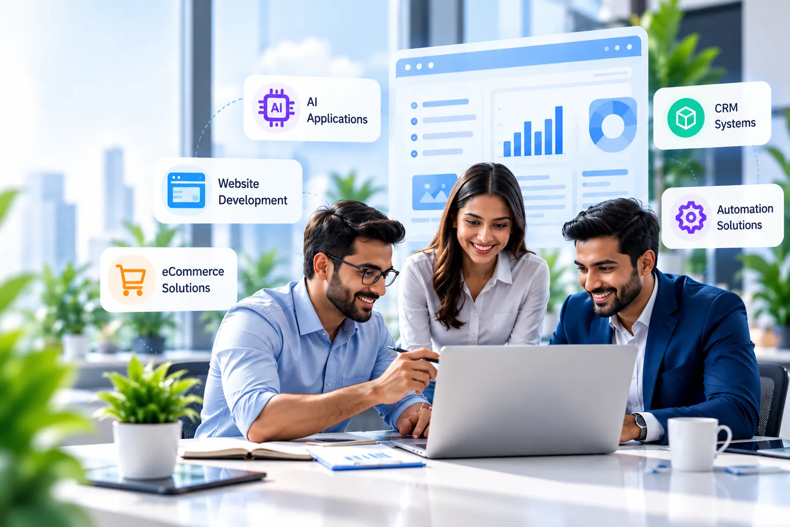 Techbellys team reviewing a dashboard, with AI, website, eCommerce, CRM and automation services