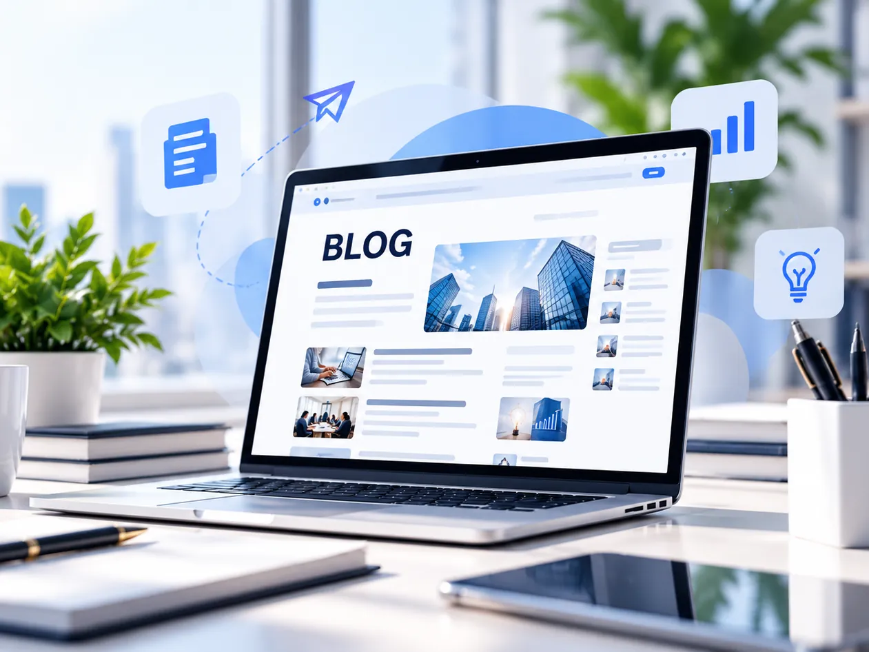 Laptop showing a blog with technology icons